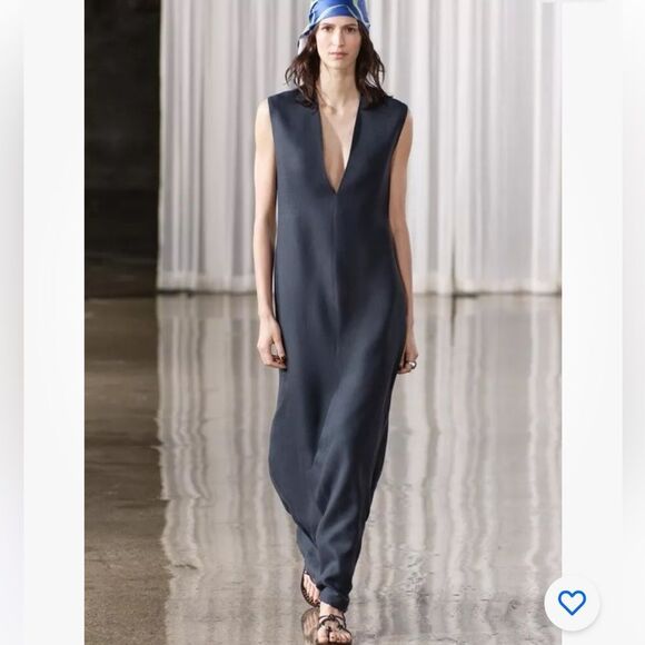 ZARA NWT $169 LONG V-NECK DRESS ZW COLLECTION BLUE / INDIGO - Picture 1 of 15